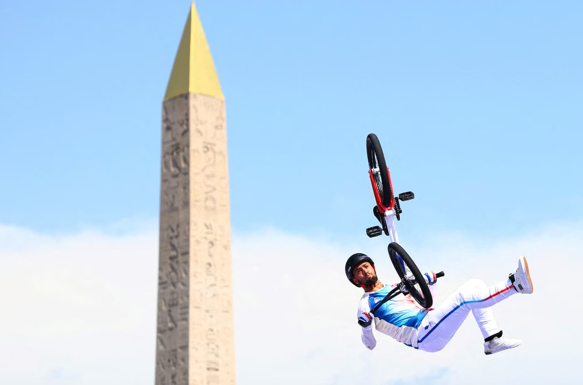 French cyclist Anthony Jeanjean competes in the BMX freestyle men’s final. 